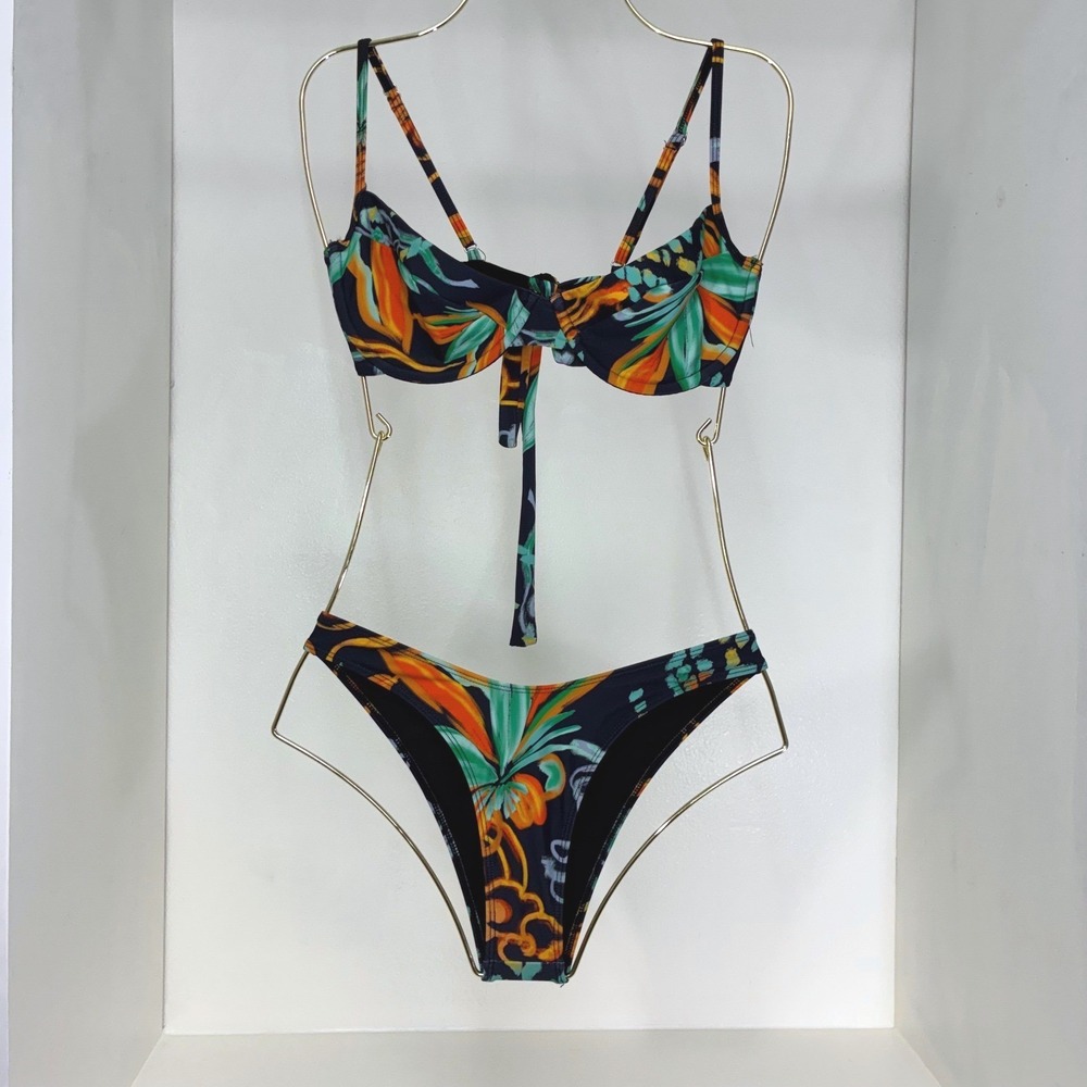 Icon Swim Womens Tropical Floral Underwire‎ Bikini Set Black Orange Green Small